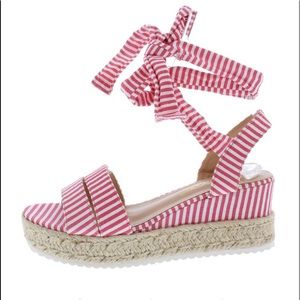 NWT Pink Striped Open Toe Ankle Wrap Wedges 8.5 Sz